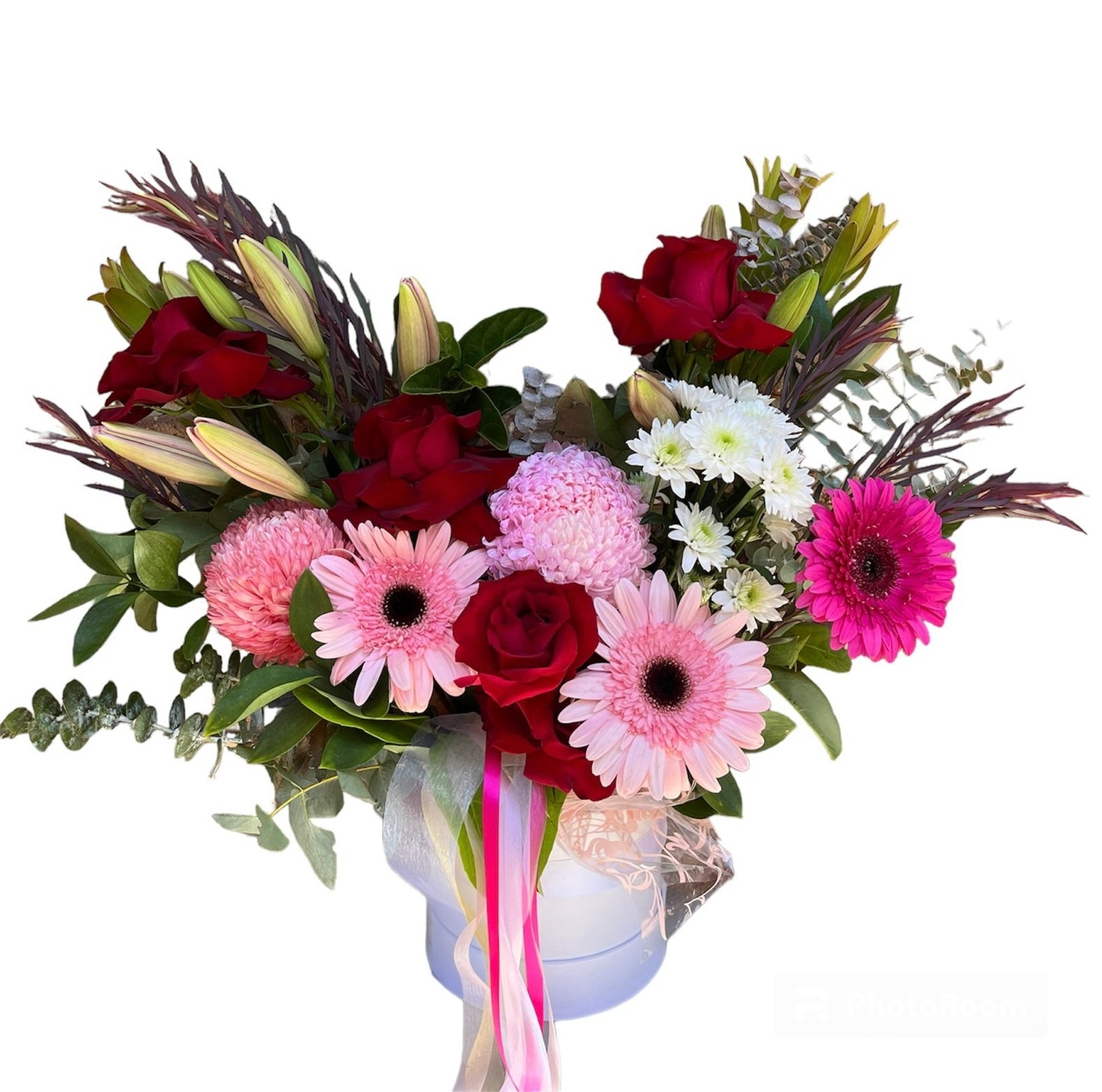 Seasonal flower arrangement in a box