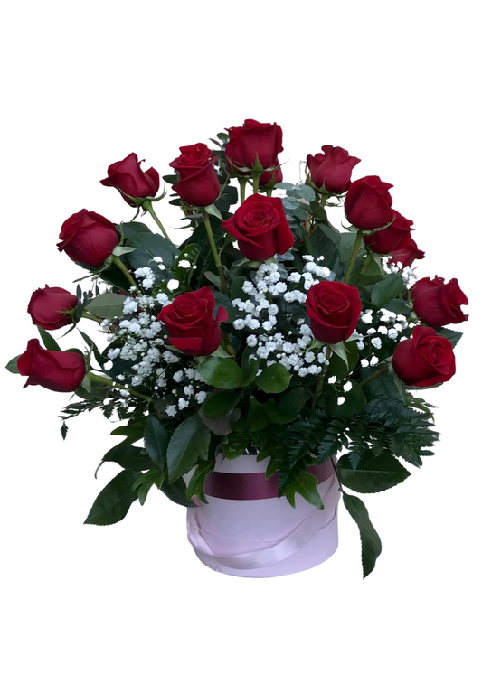 24 Red Roses In A Hat Box