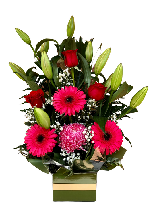 Lilies, Disbuds, and Roses Box Arrangement